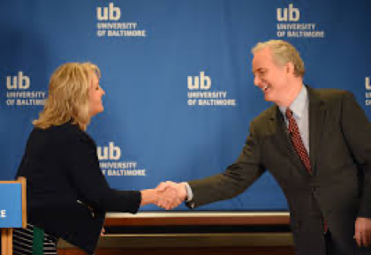 Candidates shaking hands. Kathy Szeliga and Chris Van Hollen